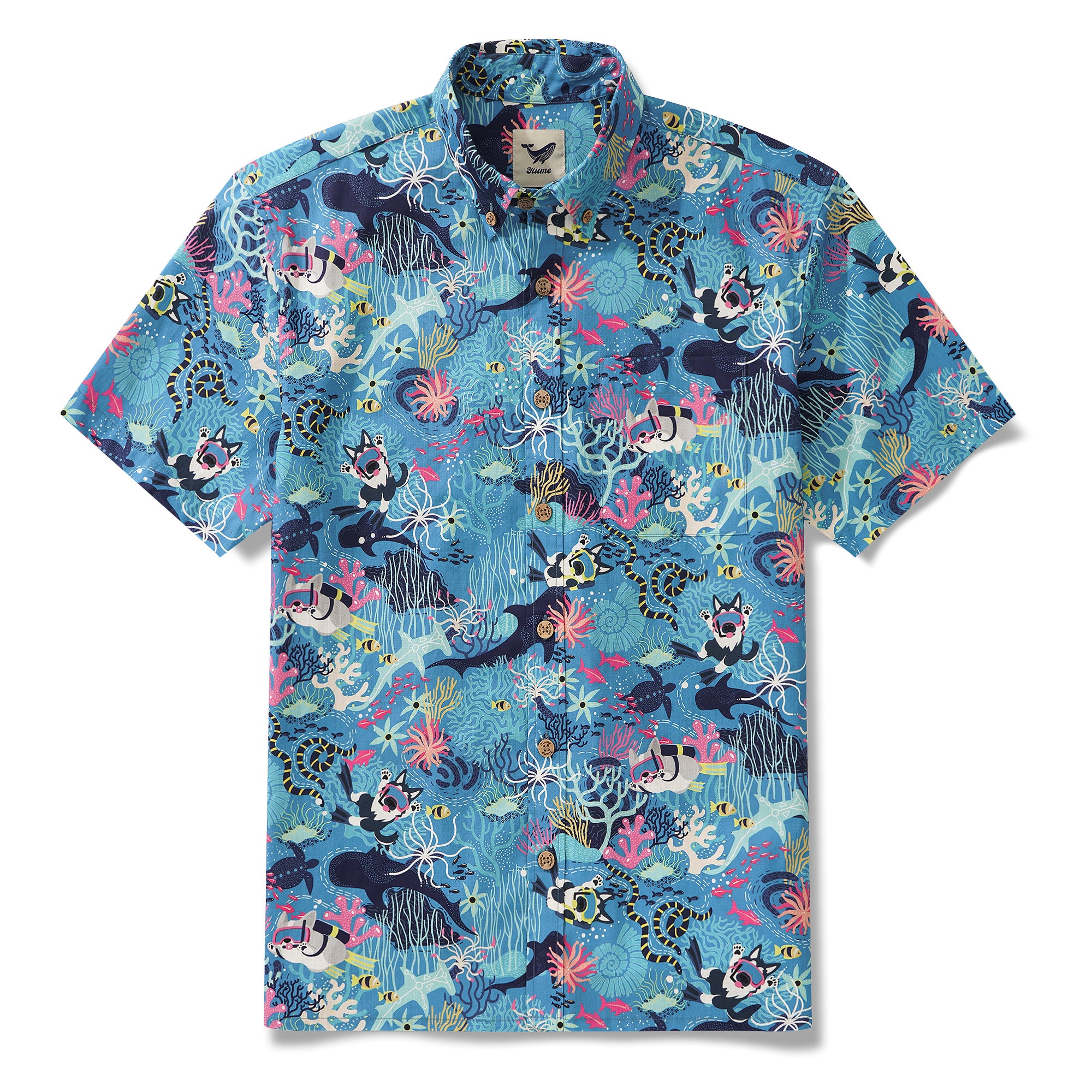 Chemise hawaïenne bleue masculine Fish & Turtle chemise à manches courtes à manches courtes 100% coton bleu aloha plongée chiot