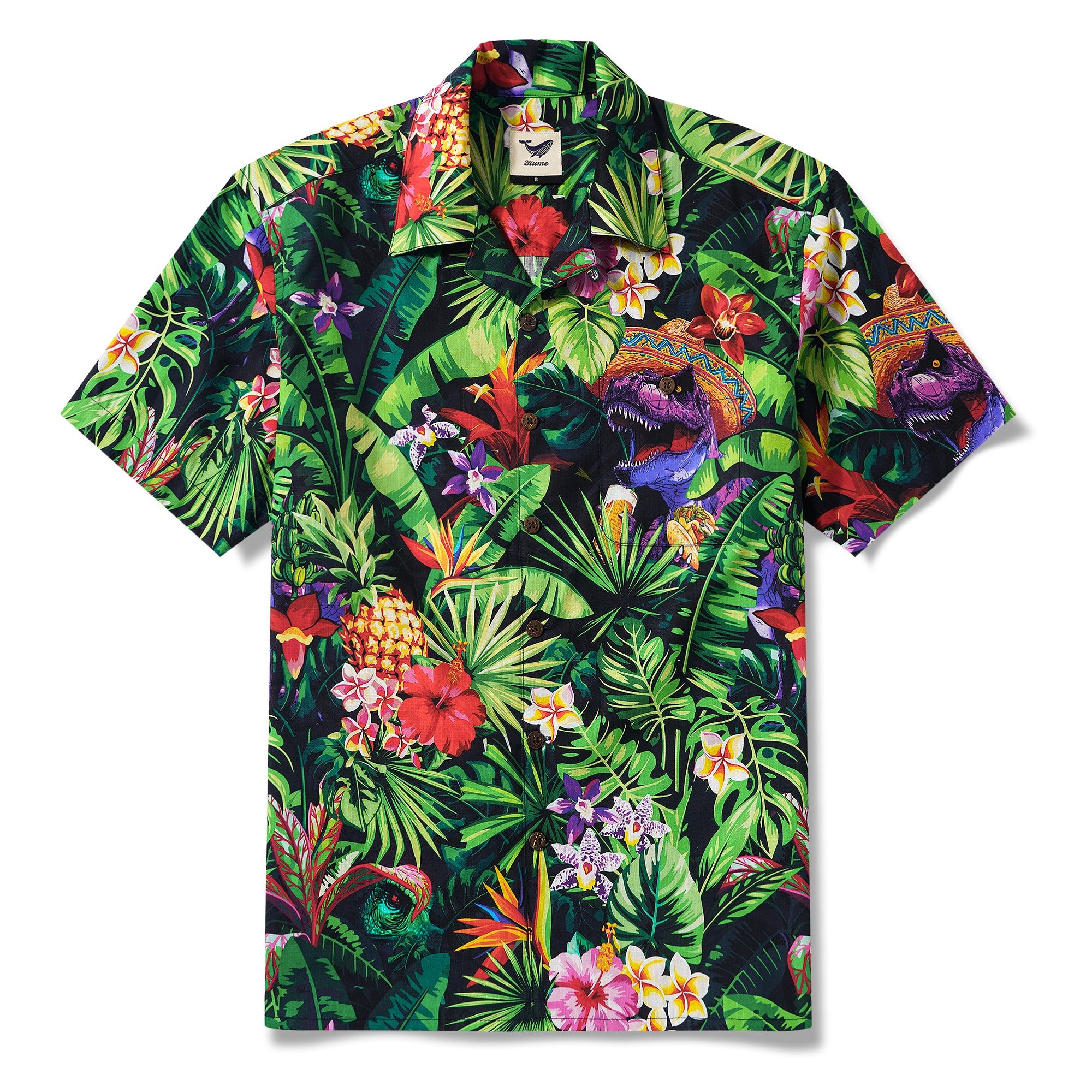 Men's Hawaiian Shirt Short Sleeve Camp Collar 100% Cotton Purple Aloha Jungle Dinosaur Party Time