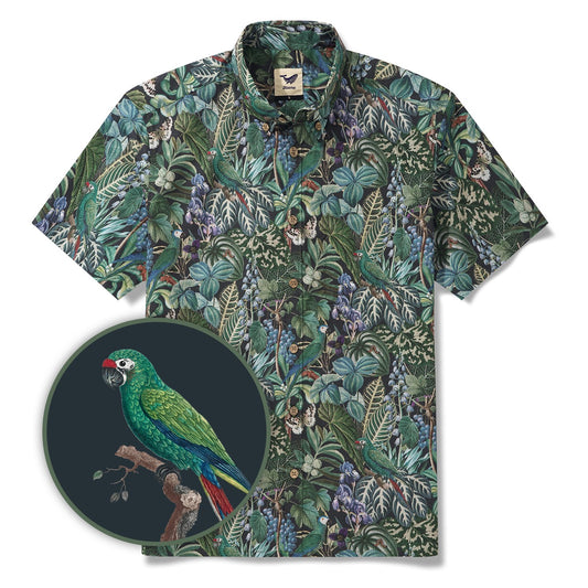 Herren Hawaiian Shirt Kurzarm Button-Down 100% Baumwolle Grün Aloha Dschungelgeflüster