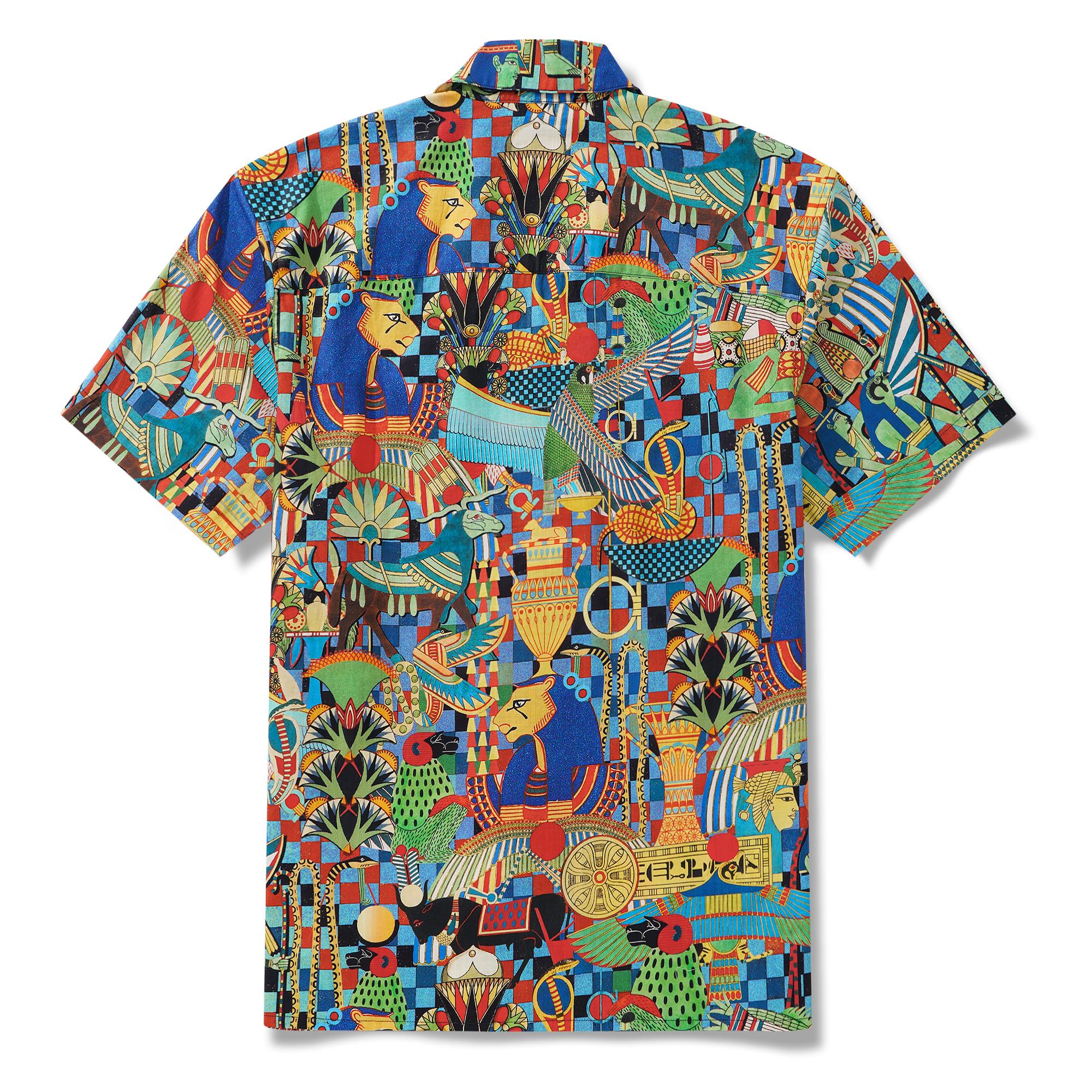 Men's Hawaiian Shirt Short Sleeve Camp Collar 100% Cotton Blue Aloha Enchanting Egypt