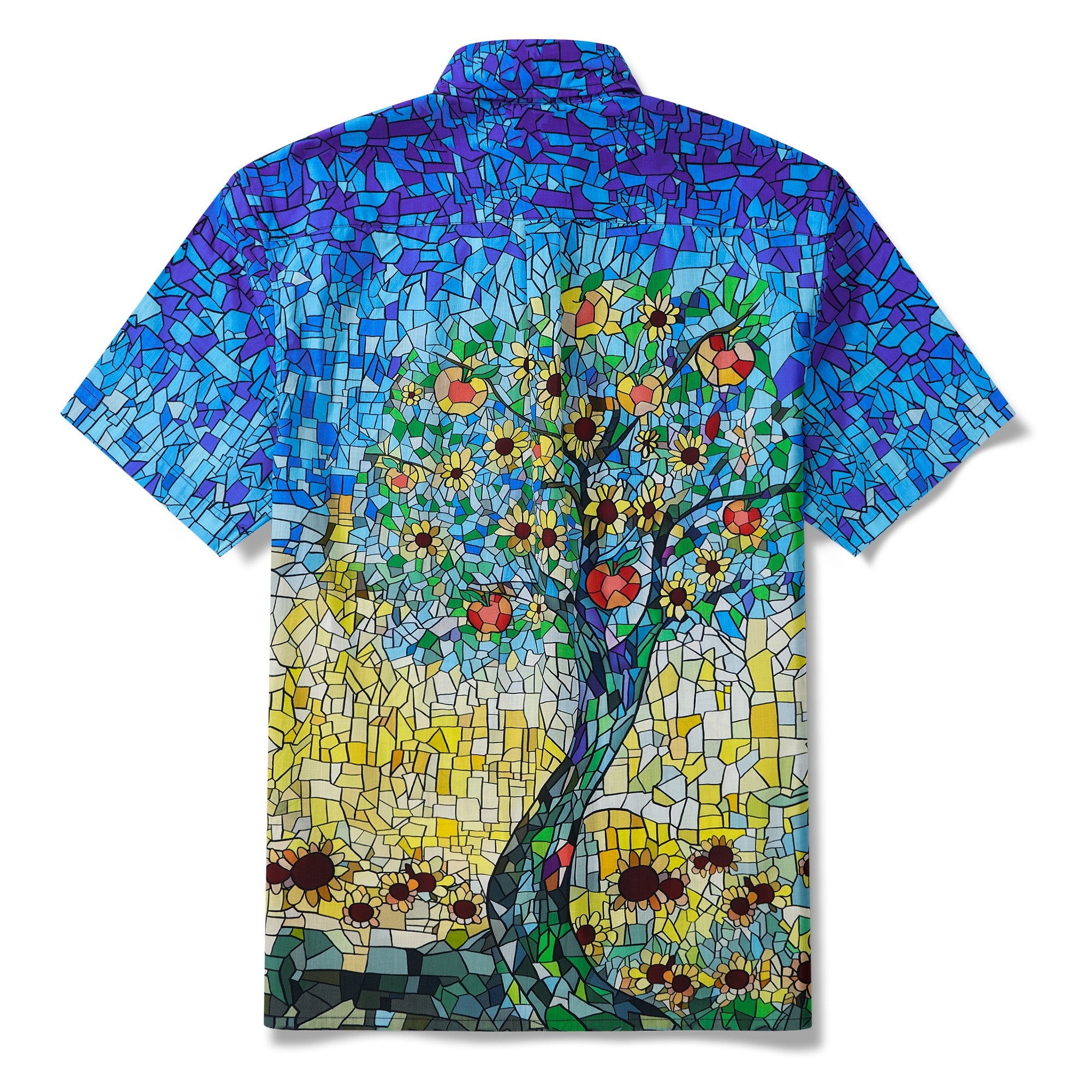 Men’s Blue Hawaiian Shirt – Orchard & Stained Glass Print 100% Cotton Short Sleeve Aloha Shirt