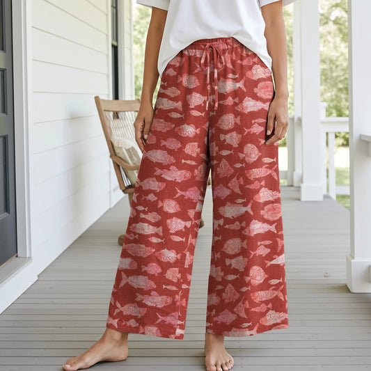 Women Casual Pants Lounge Elastic Waist Drawstring with Pockets 93% Lyocell, 7% Linen Red Aloha Red Fish Reverie