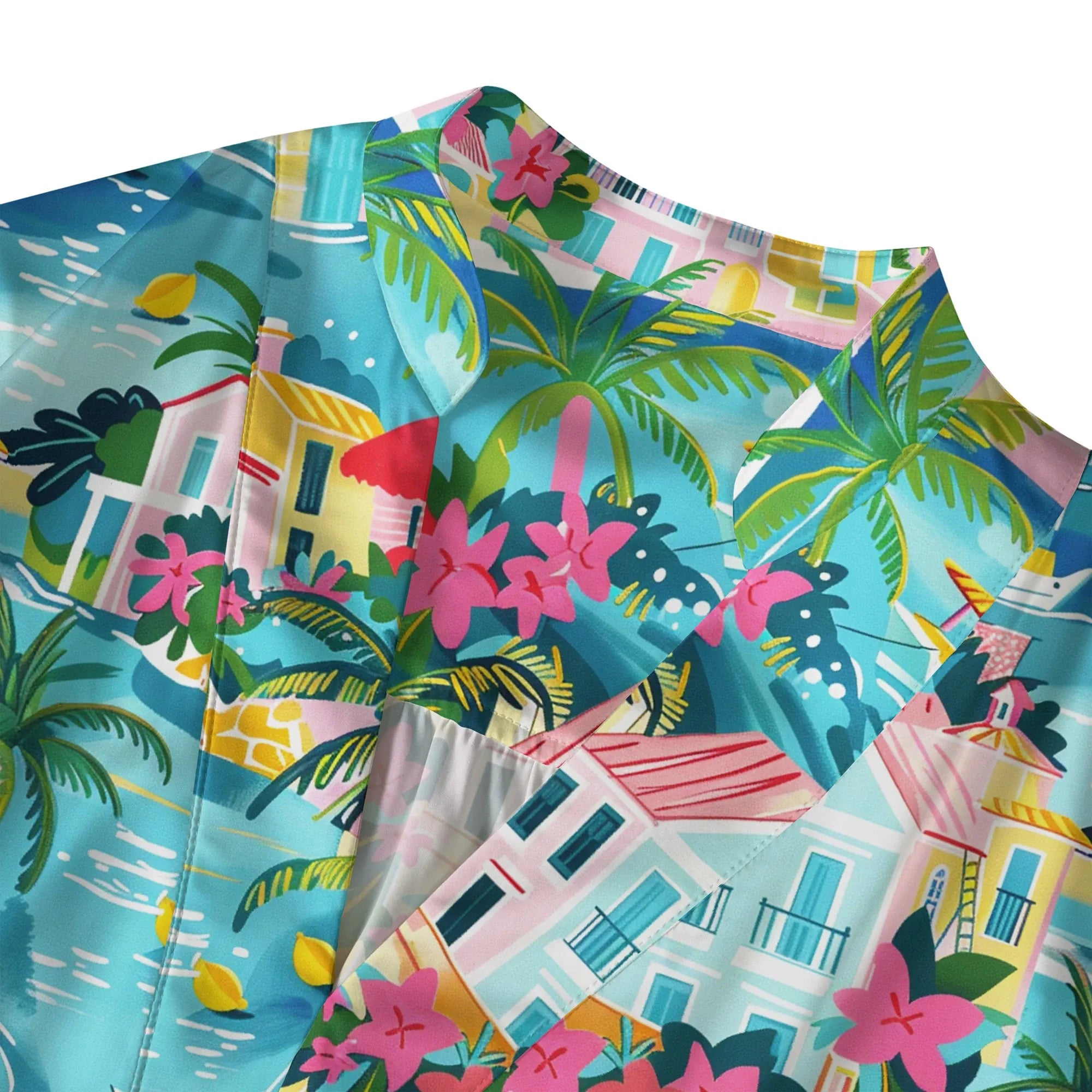 Women's art-inspired blue blouse with tropical elements