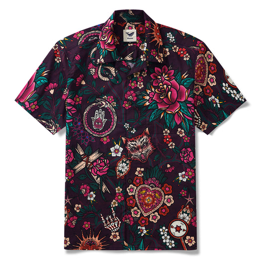 Valentine's Day Hawaiian Love Shirt 100% Cotton Men's Short Sleeve Camp Collar Shirt Black Aloha Shirt Unique Hawaiian Love Shirt