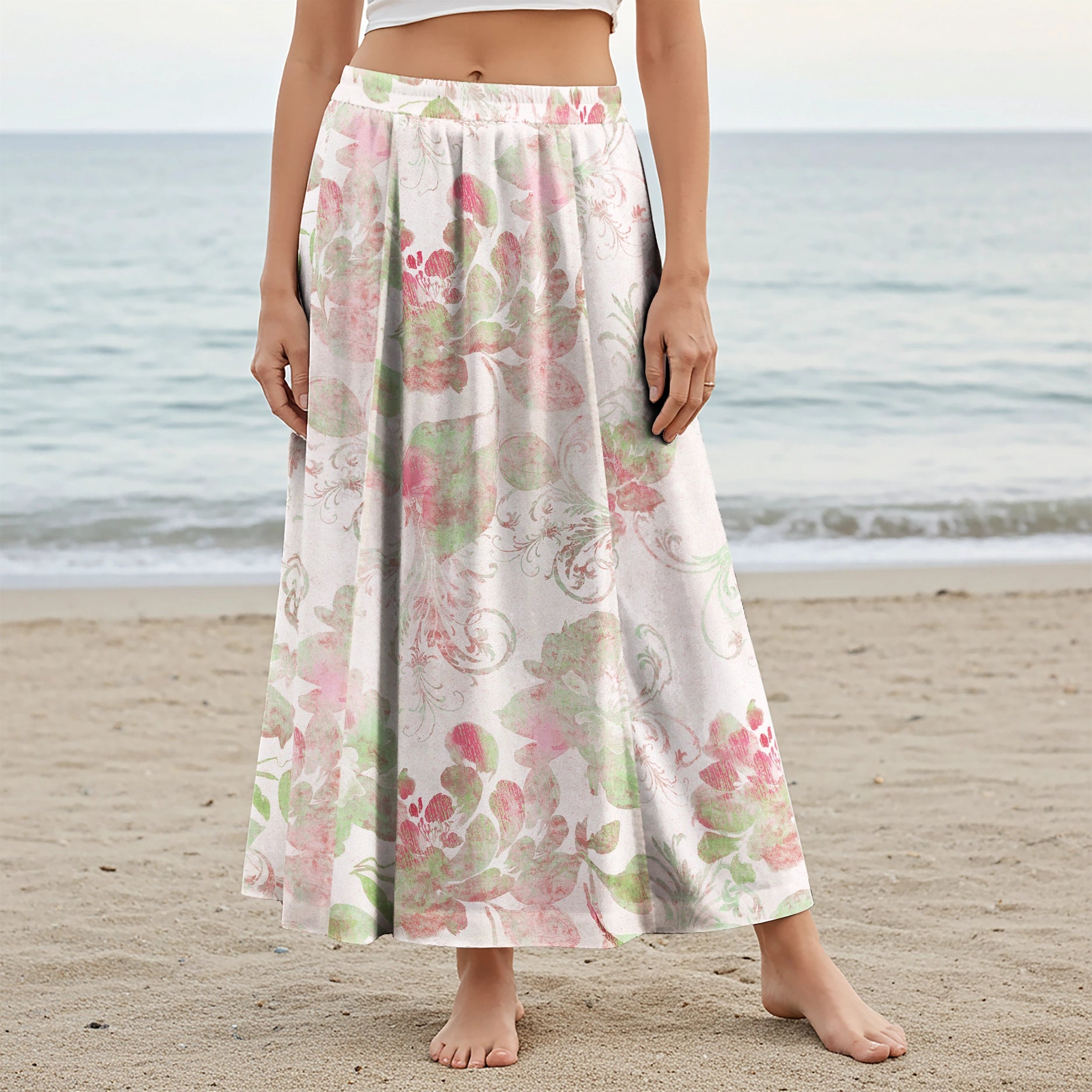 Women Casual Maxi Skirt Long Elastic Waist with Pockets 100% Cotton Aloha Soft Pink Blossom
