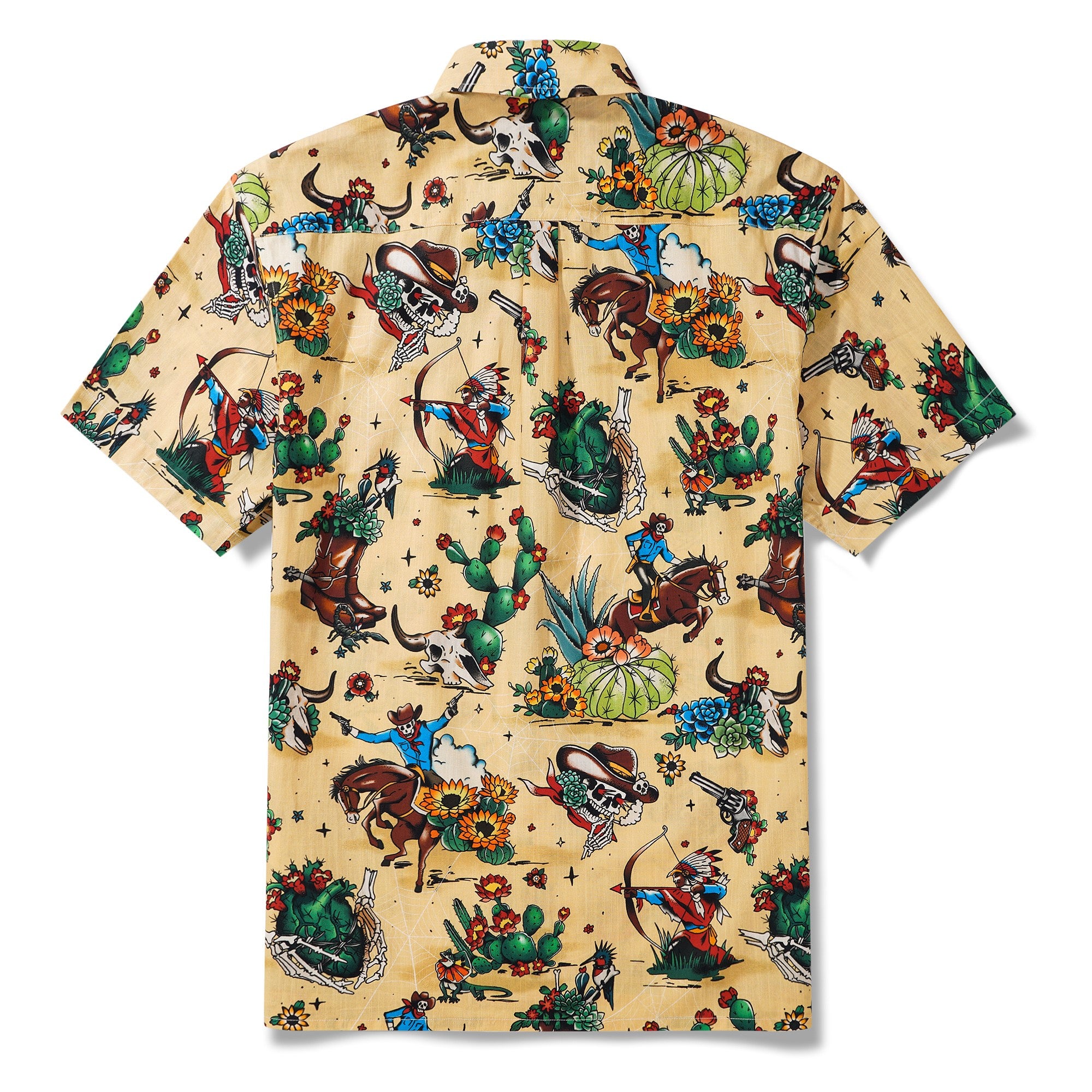 Western Cowboy Hawaiian Shirt For Men Short Sleeve Button-down 100% Cotton Desert Skull Shirt