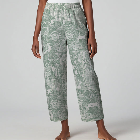 Women Casual Ankle Pants Lounge Elastic Waist with Pockets 93% Lyocell, 7% Linen Green Aloha Egyptian Myths