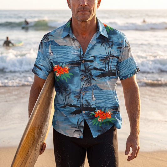 Men's Hawaiian Shirt, blue with sailboat and palm trees