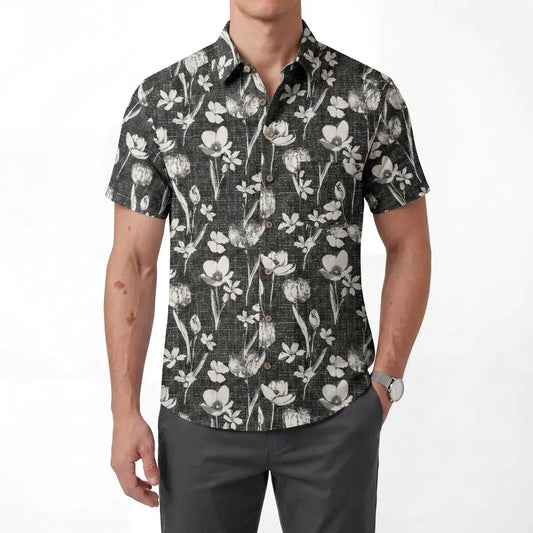 Men's Hawaiian shirt with floral ink strokes, button-up