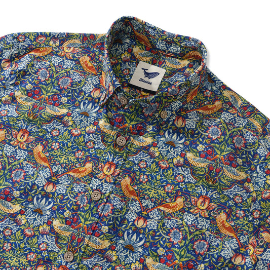 Langärmliges Hawaiian Hemd für Herren Strawberry Thief Designer Morris Baumwoll-Knopfhemd Aloha Shirt