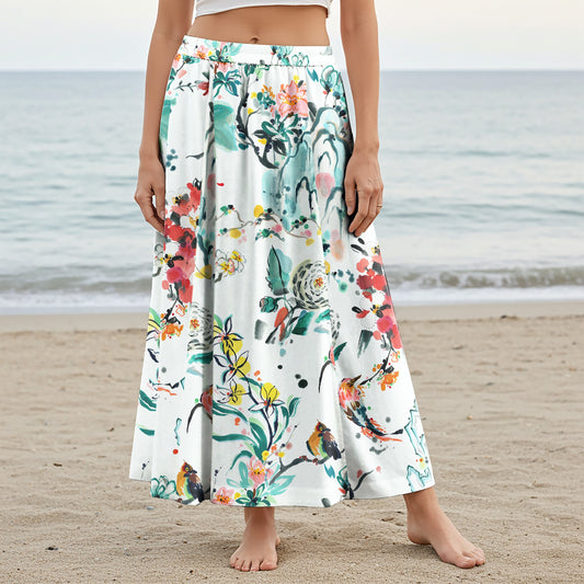 Women Casual Maxi Skirt Long Elastic Waist with Pockets 100% Cotton Green Aloha Ink Flower Wonder