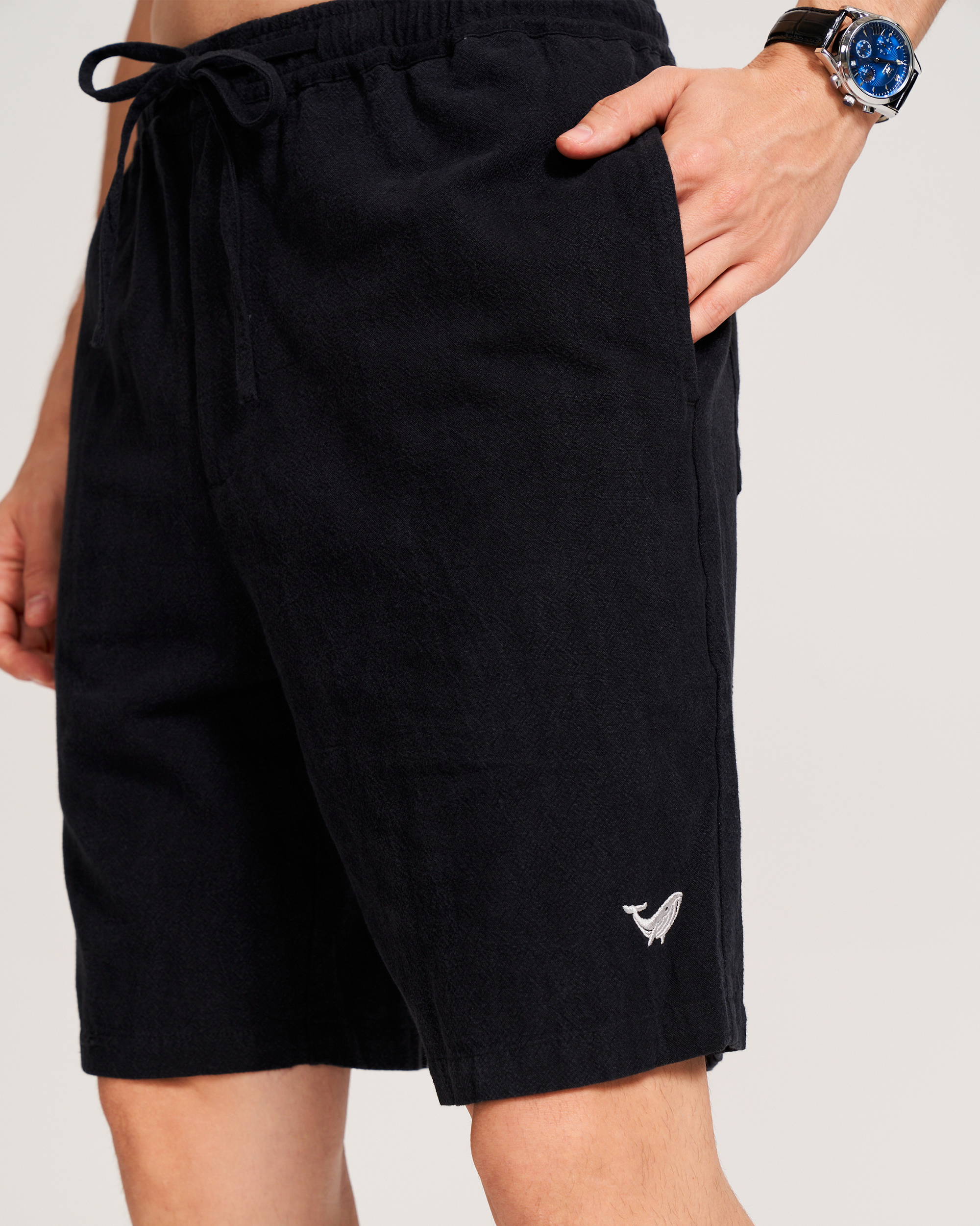 Shorts en lin pour homme, taille mi-haute, coupe droite Bermuda 8-10 pouces, shorts à 5 poches - NOIR Version 3.0