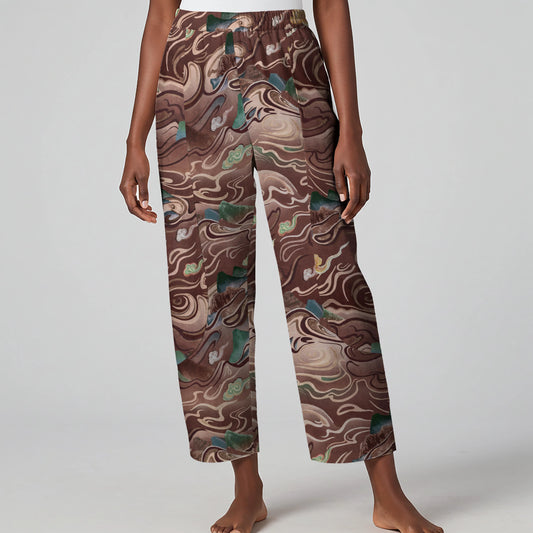 Women Casual Ankle Pants Lounge Elastic Waist with Pockets 93% Lyocell, 7% Linen Brown Aloha Ethereal Clouds And Mountains