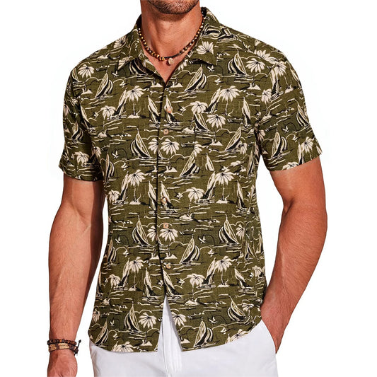 LeosWare® Men's Hawaiian Shirt Short Sleeve Button-up 100% Cotton Green Aloha Vintage Seaside Charm