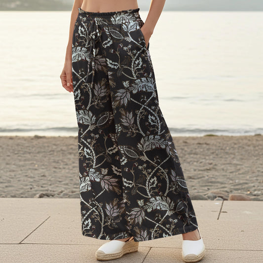 Women Casual Pants Lounge Elastic Waist Drawstring with Pockets 100% Cotton Blue Aloha Fashionable Dark Floral Garden