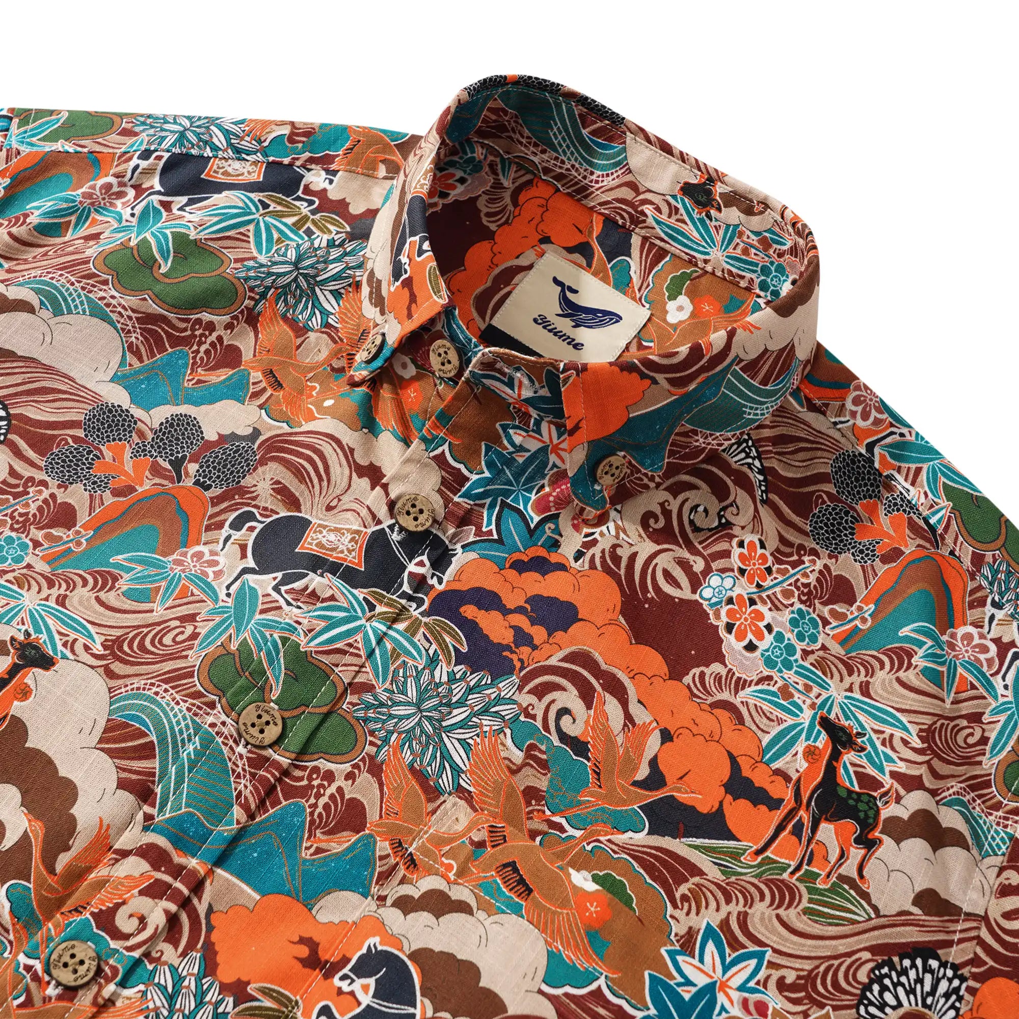 Men's Hawaiian Shirt Long Sleeve Button-down 100% Cotton Brown Aloha Fantasy On The High Seas