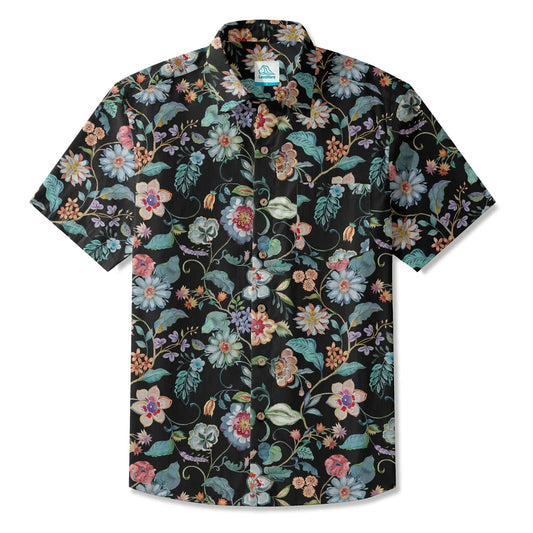 Men's Hawaiian shirt, black garden splendor, cotton, short sleeve