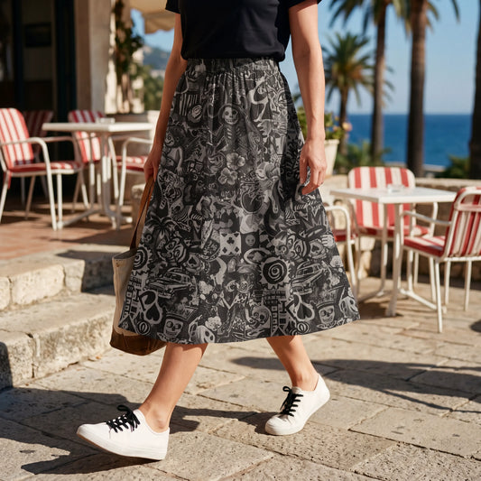 Women's black poker skull skirt with graffiti art design