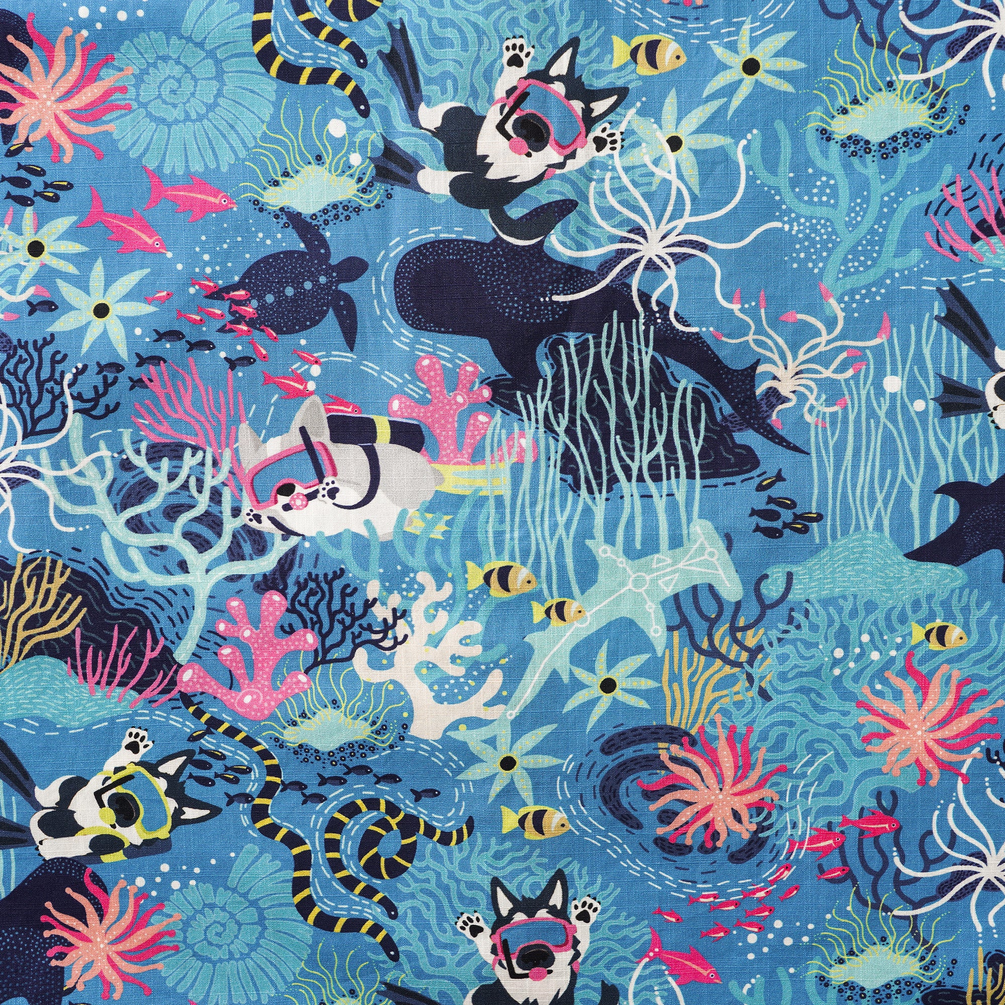 Chemise hawaïenne bleue masculine Fish & Turtle chemise à manches courtes à manches courtes 100% coton bleu aloha plongée chiot