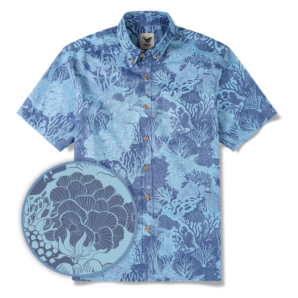 Men's Hawaiian Shirt Short Sleeve Button-down 100% Cotton Blue Aloha Undersea Coral Reef