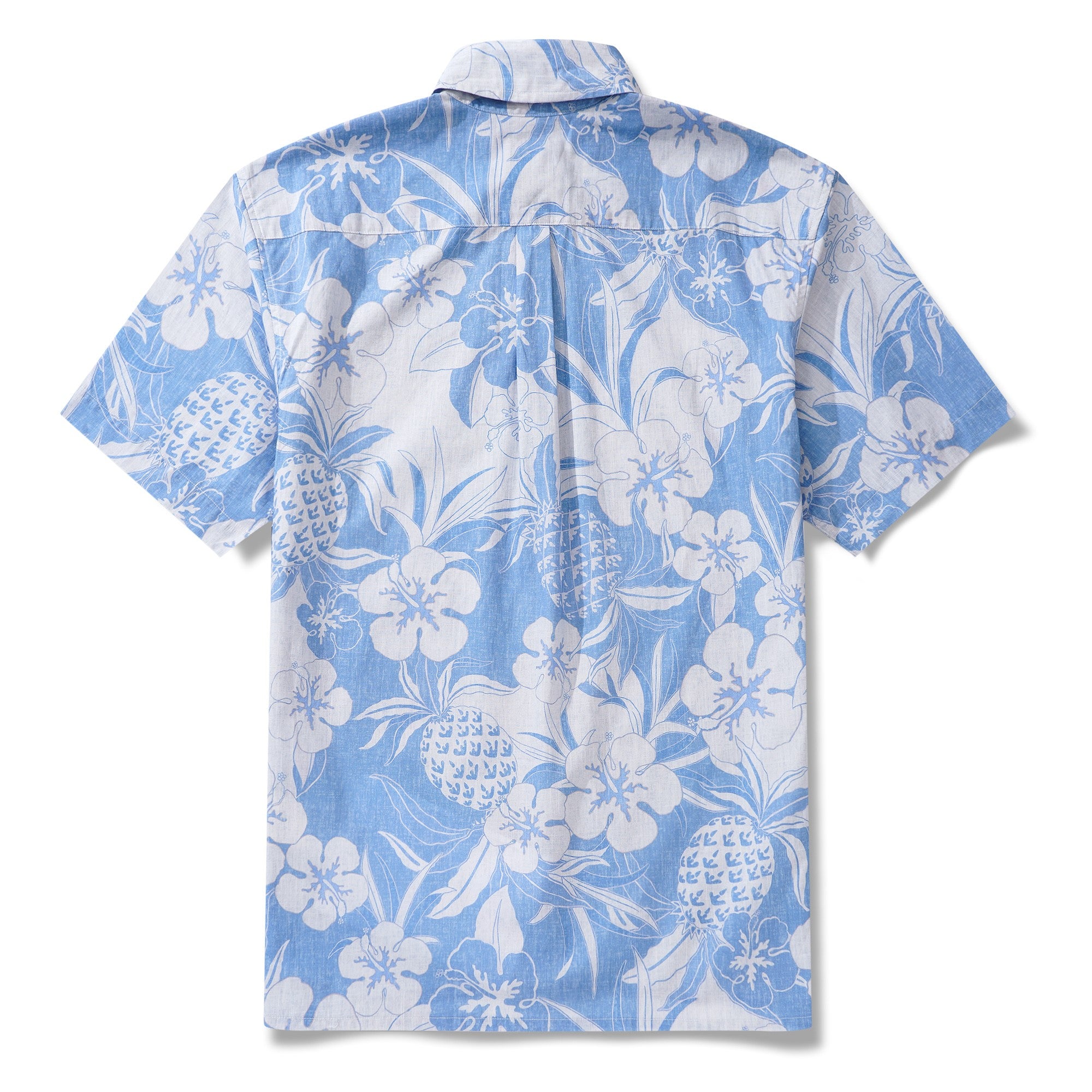 Chemise hawaïenne masculine à manches courtes à manches courtes 100% coton blue ananas et hibiscus hawaïen