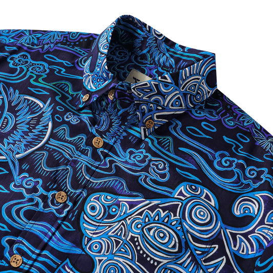 Men's Hawaiian Shirt Short Sleeve Button-down 100% Cotton Blue Aloha Azure Beast Illustration