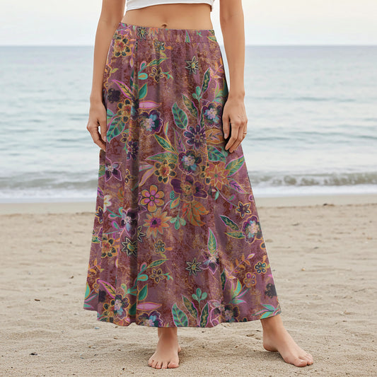 Women Casual Maxi Skirt Long Elastic Waist with Pockets 100% Cotton Purple Aloha Artistic Floral Transformations