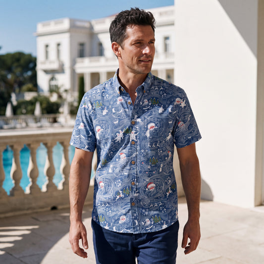Yiume Men's Christmas Hawaiian Shirt, Blue, 100% Cotton