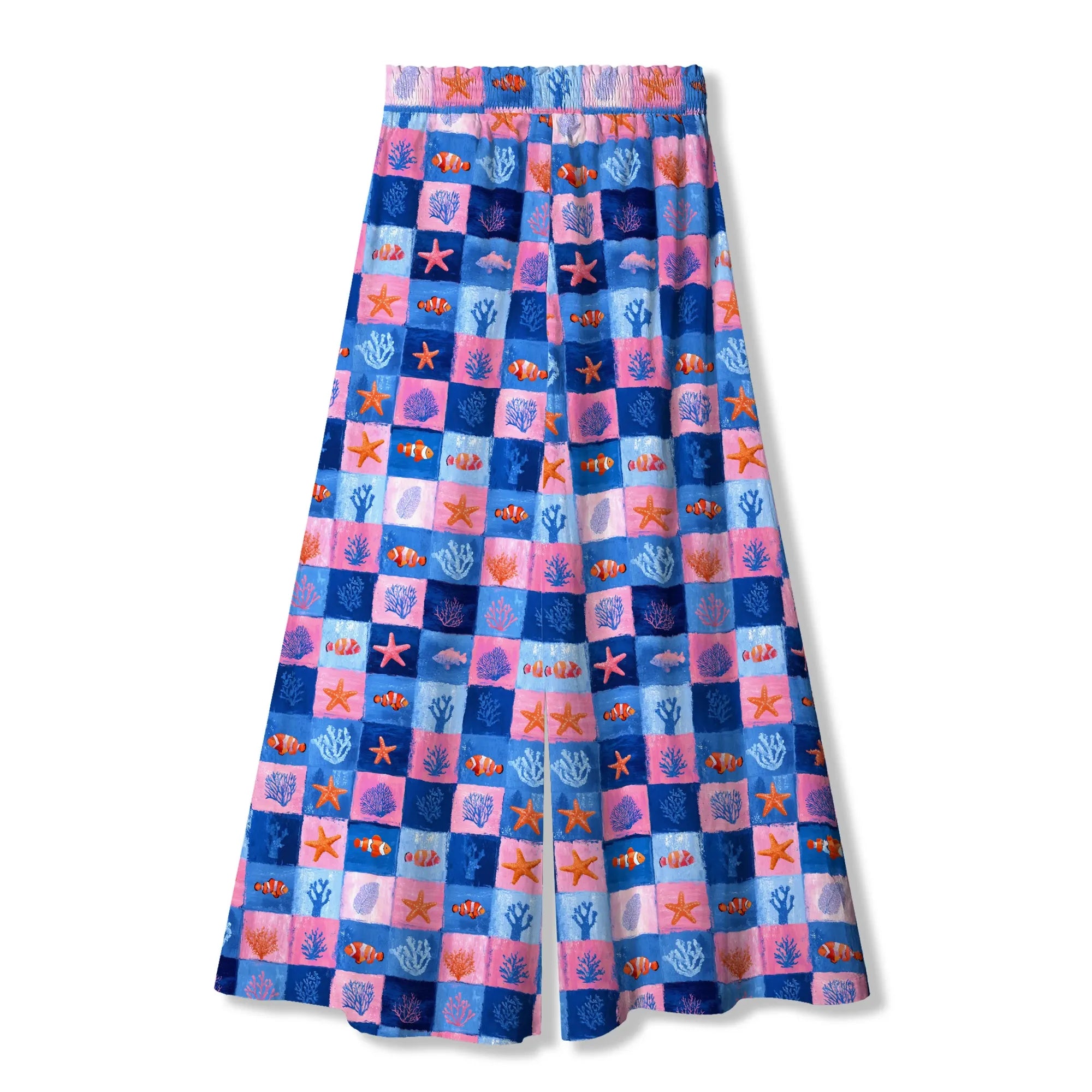 Blue Aloha Coral Plaid pants with starfish and clownfish design