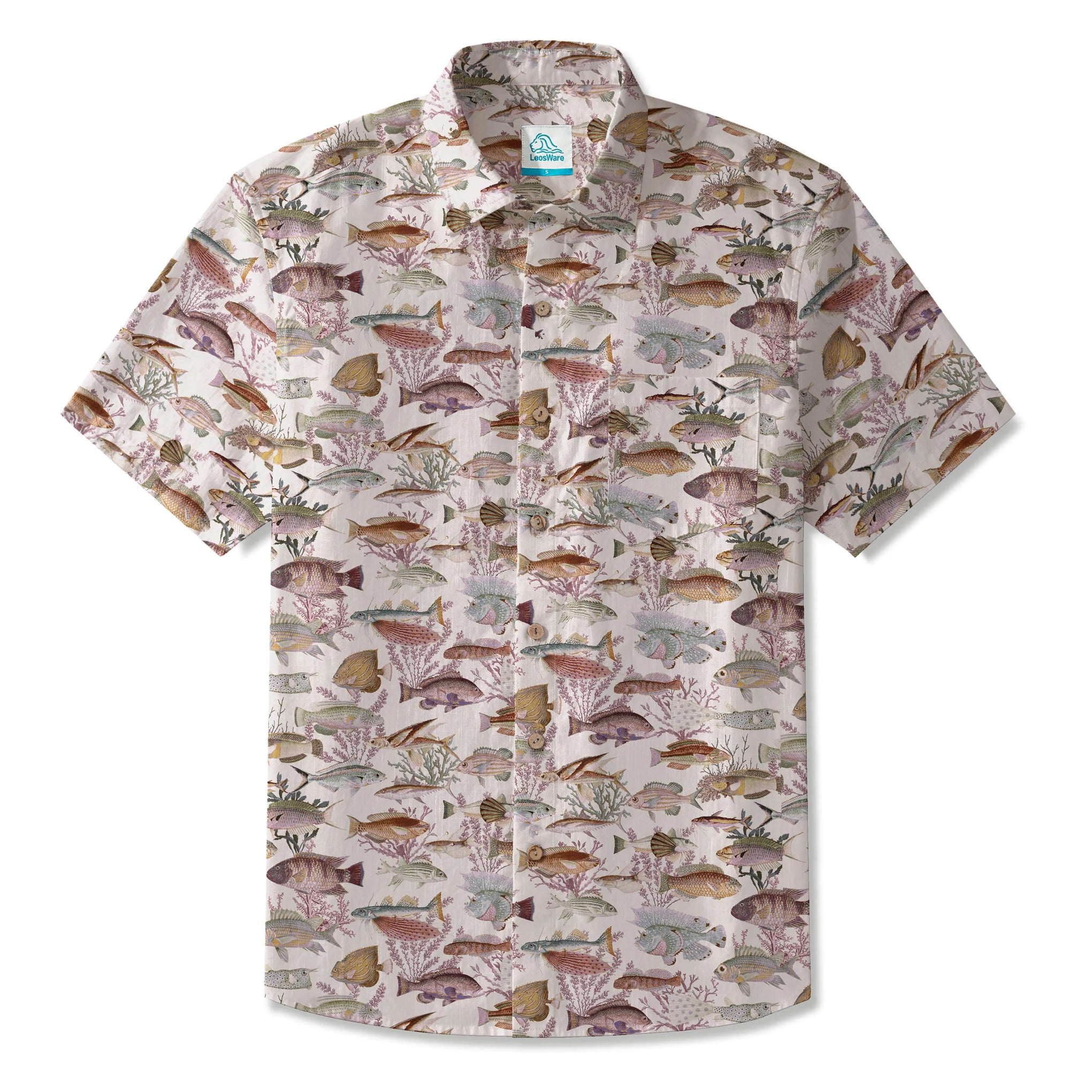 LeosWare® Men's Hawaiian Shirt Short Sleeve Button-up 100% Cotton Green Aloha Classic Ocean Mosaic