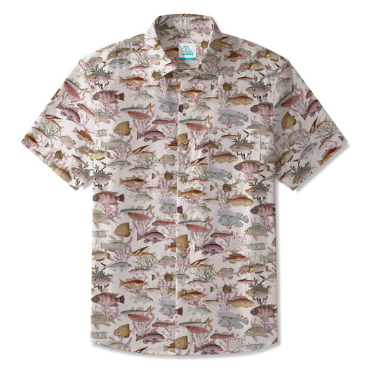 LeosWare® Men's Hawaiian Shirt Short Sleeve Button-up 100% Cotton Green Aloha Classic Ocean Mosaic