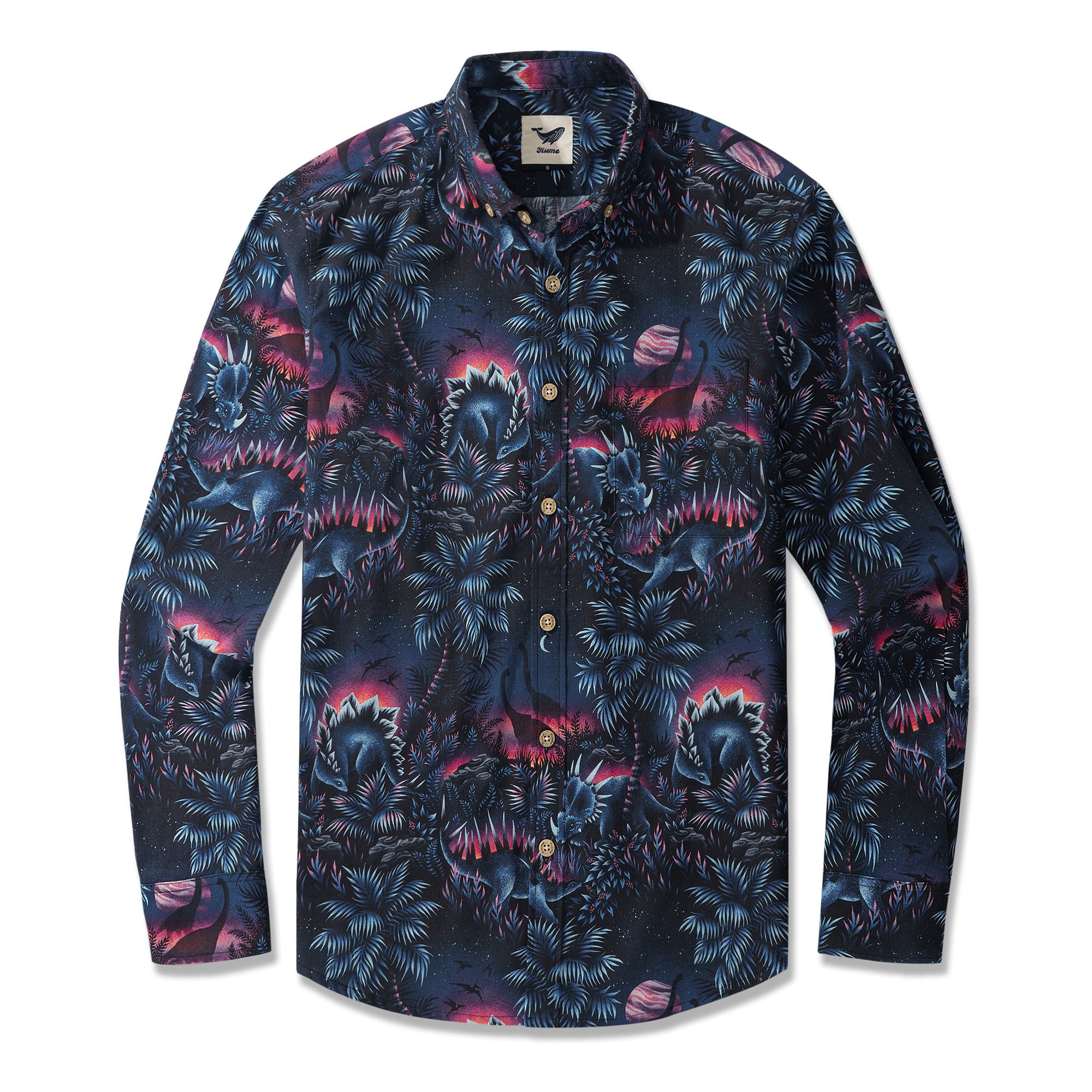Men's Hawaiian Shirt Dinosaur Lagoon By Andrea Muller Cotton Button-down Long Sleeve Aloha Shirt