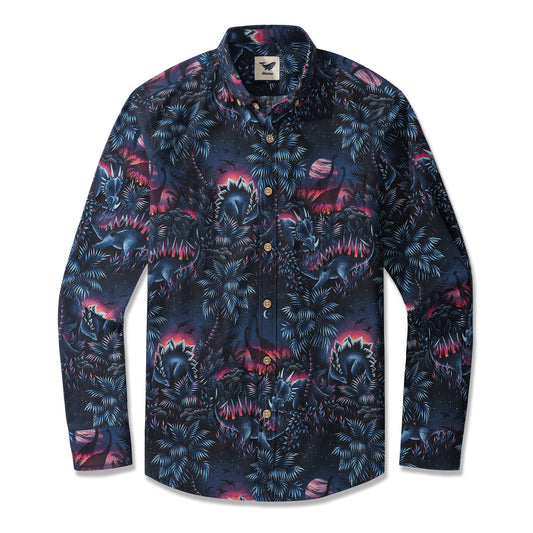 Men's Hawaiian Shirt Dinosaur Lagoon By Andrea Muller Cotton Button-down Long Sleeve Aloha Shirt