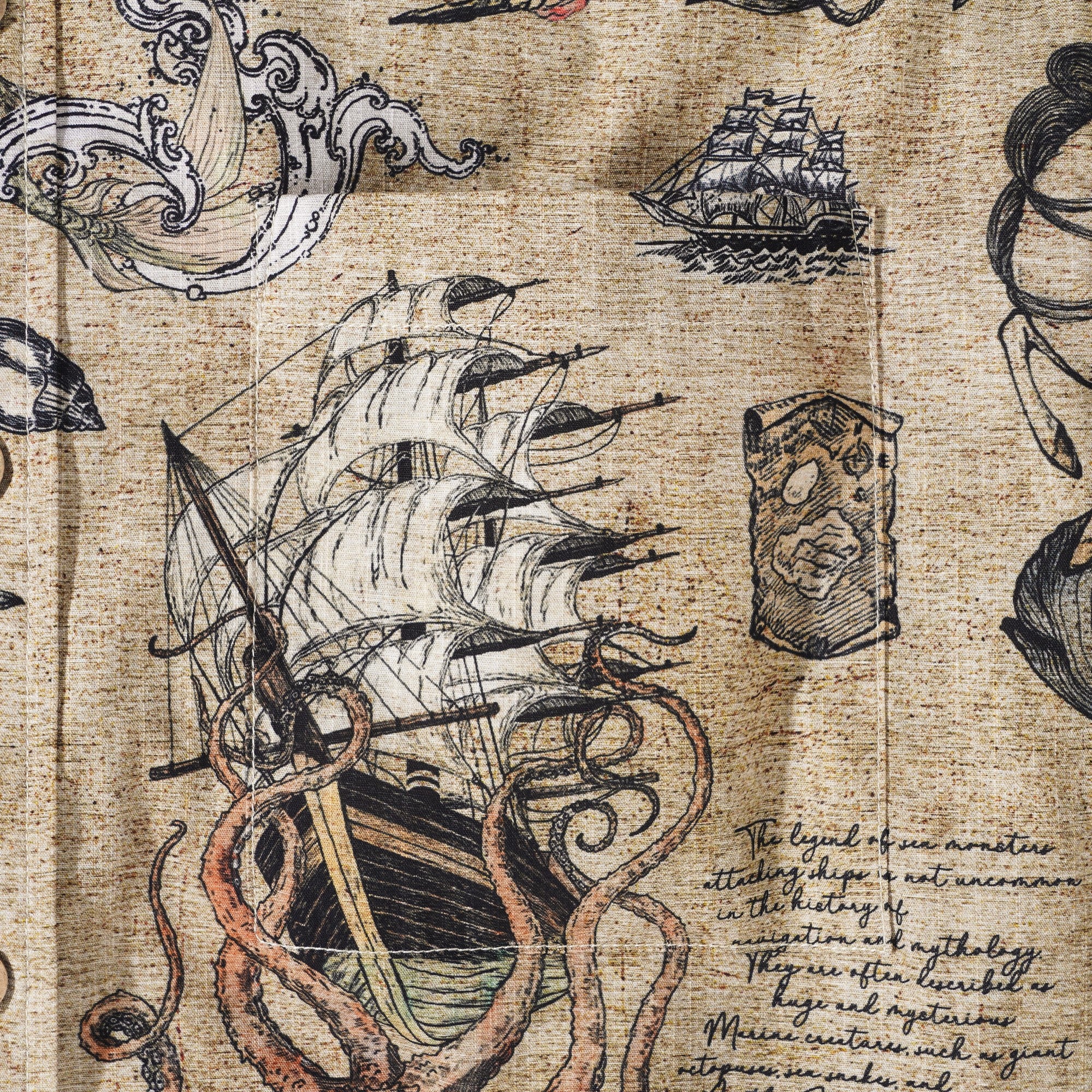 Men's Hawaiian Shirt Short Sleeve Button-down 100% Cotton Beige Aloha Pirate’s Log: The Sea Monster