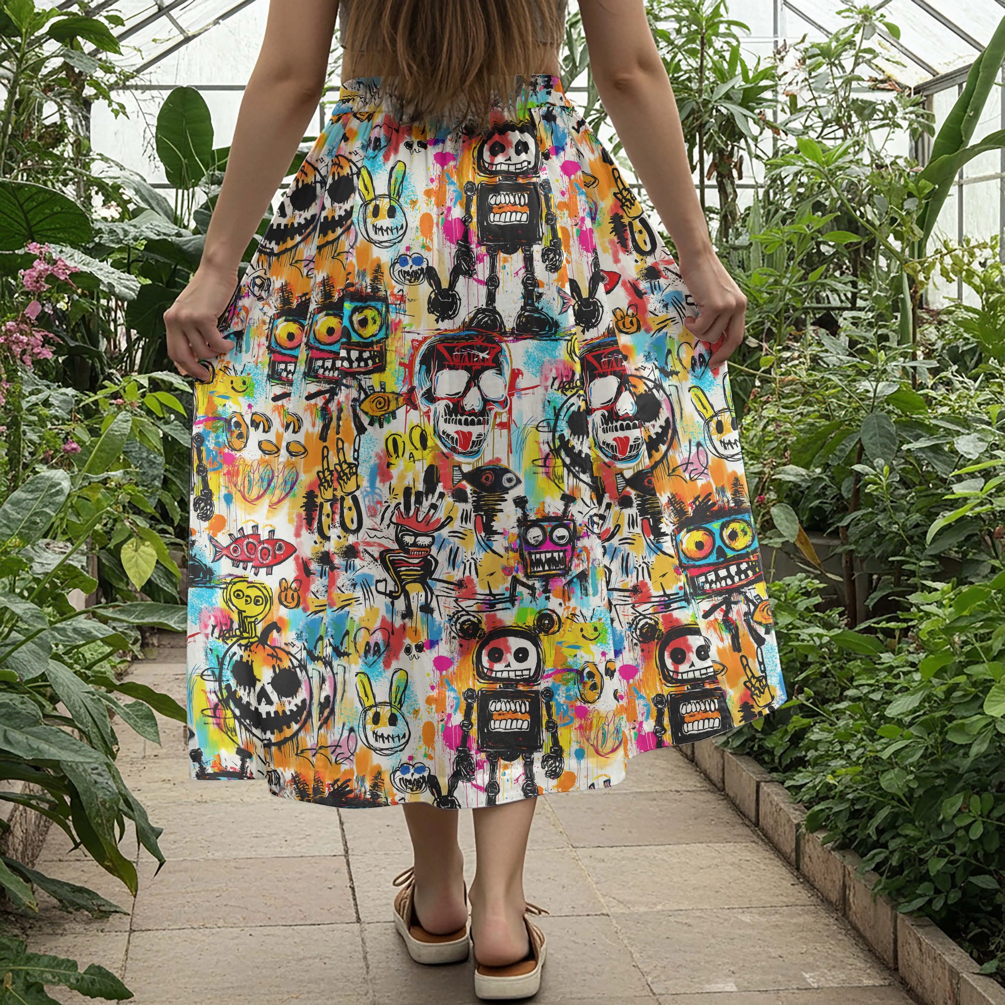 Women Casual Maxi Skirt Long Elastic Waist with Pockets 100% Cotton White Aloha Graffiti Madness Party