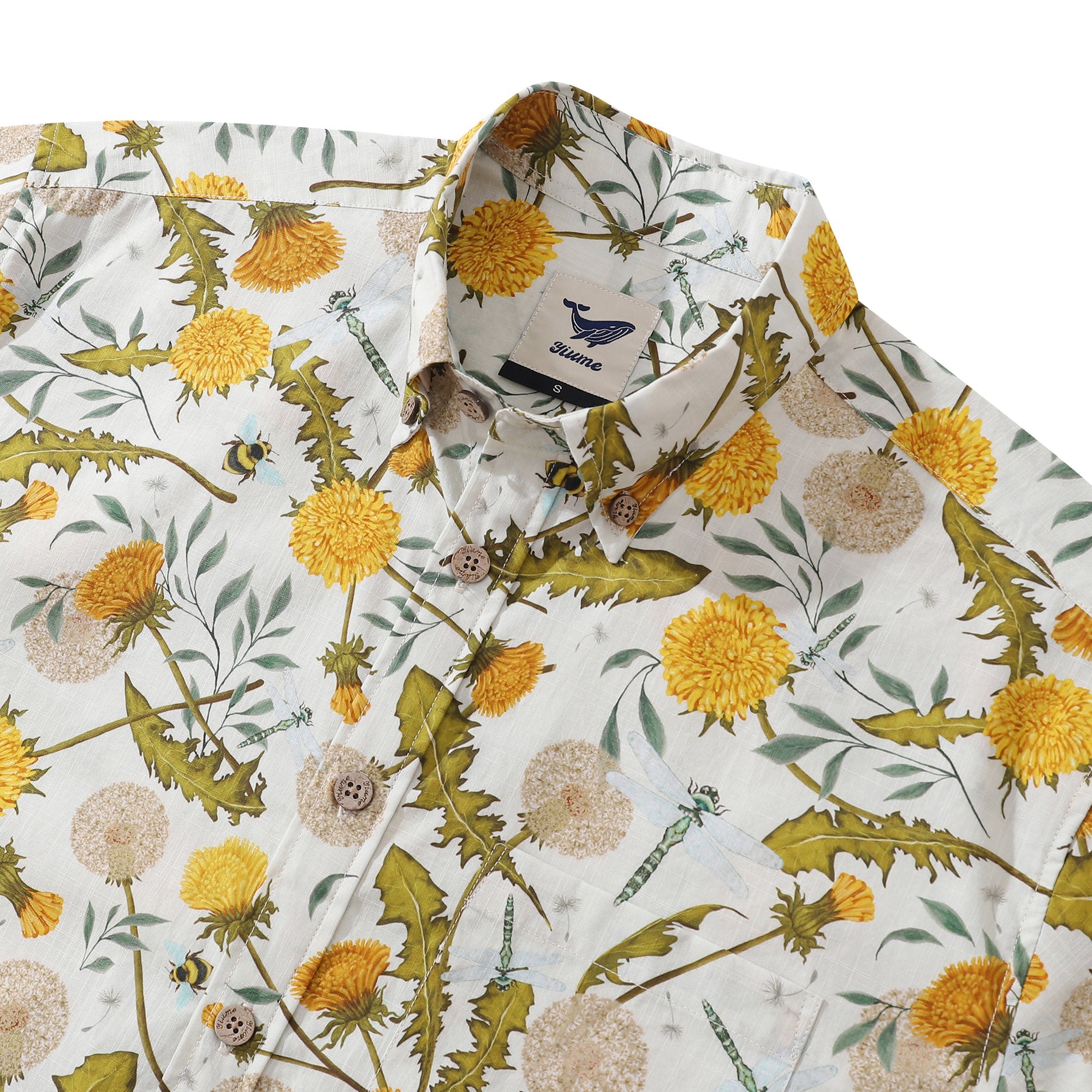 Yiume Tropical Hawaiian Shirt For Men 100% Cotton Short Sleeve Button-down Aloha Shirt Dandelions and Dragonflies Shirt
