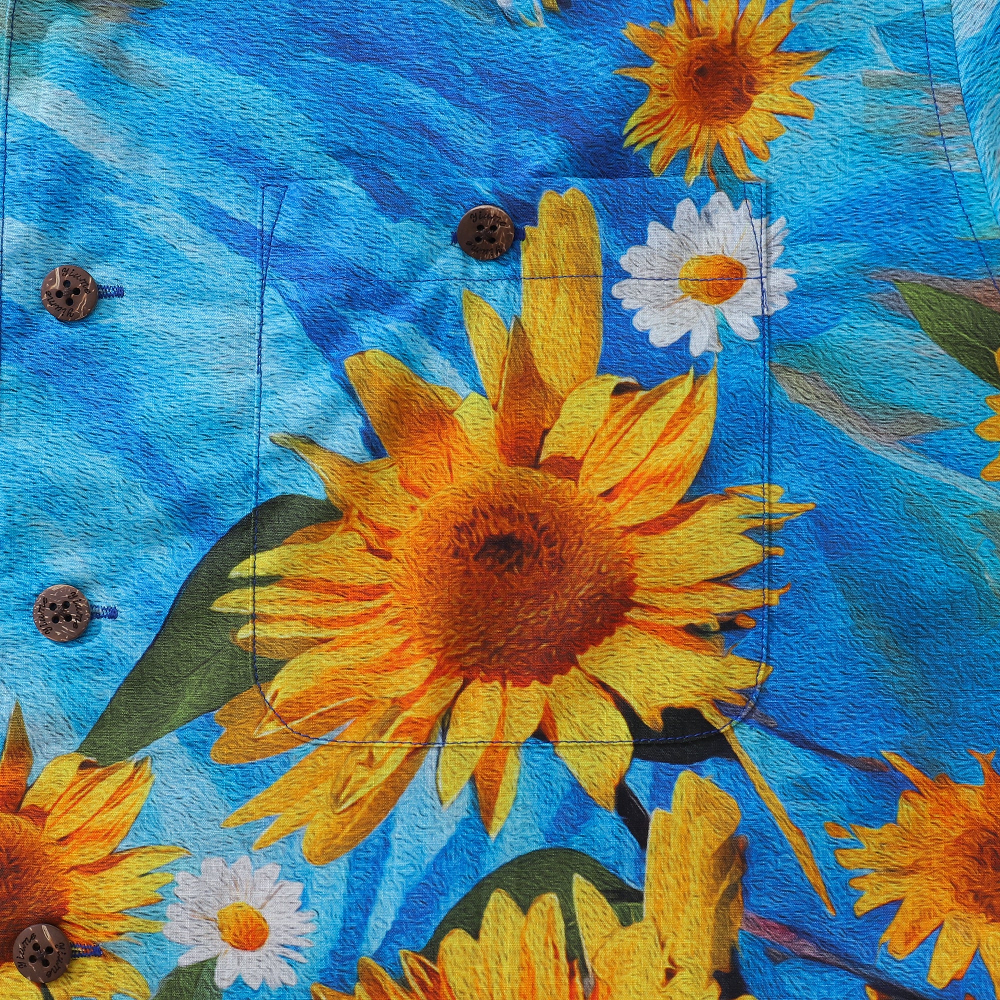 100% Cotton Hawaiian Shirt For Men Sunflowers Growing Wild Blue Camp Collar Shirt