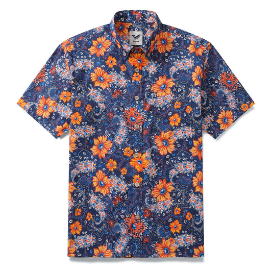 Sunset Garden Hawaiian shirt with orange flowers and paisley
