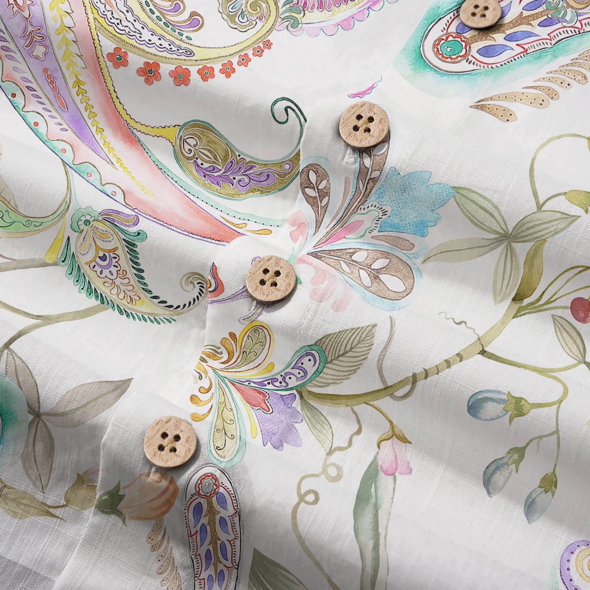 Green paisley garden men's shirt, short sleeve, button-up