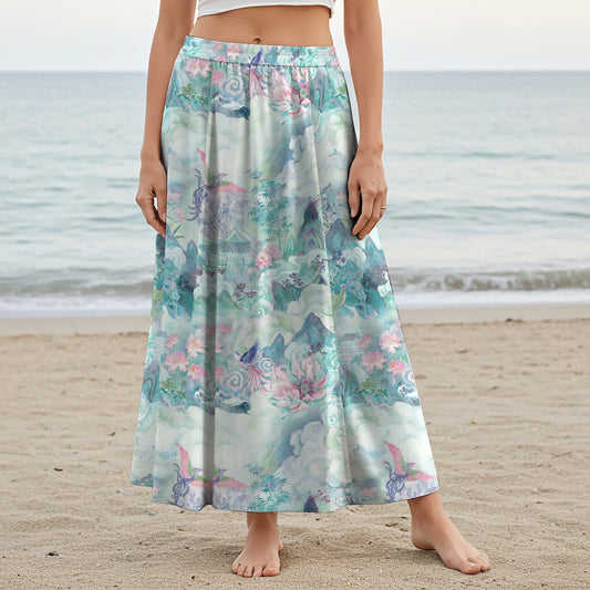 Women Casual Maxi Skirt Long Elastic Waist with Pockets 100% Cotton Blue Aloha Painted Scroll Of The Celestial Garden