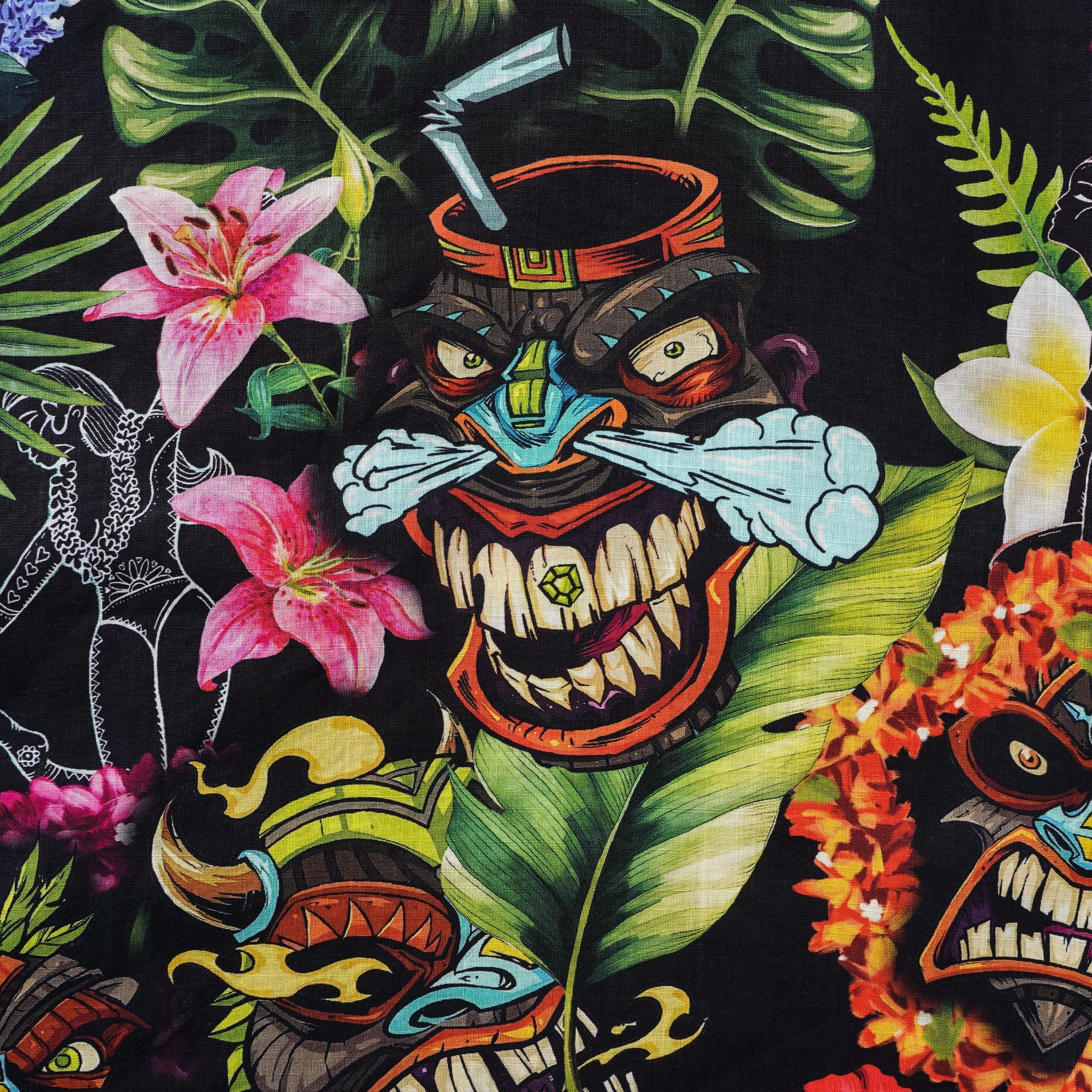 Tiki Hawaiian Shirt 100% Cotton Men's Short Sleeve Camp Collar Aloha Shirt Tiki And Hula Girl