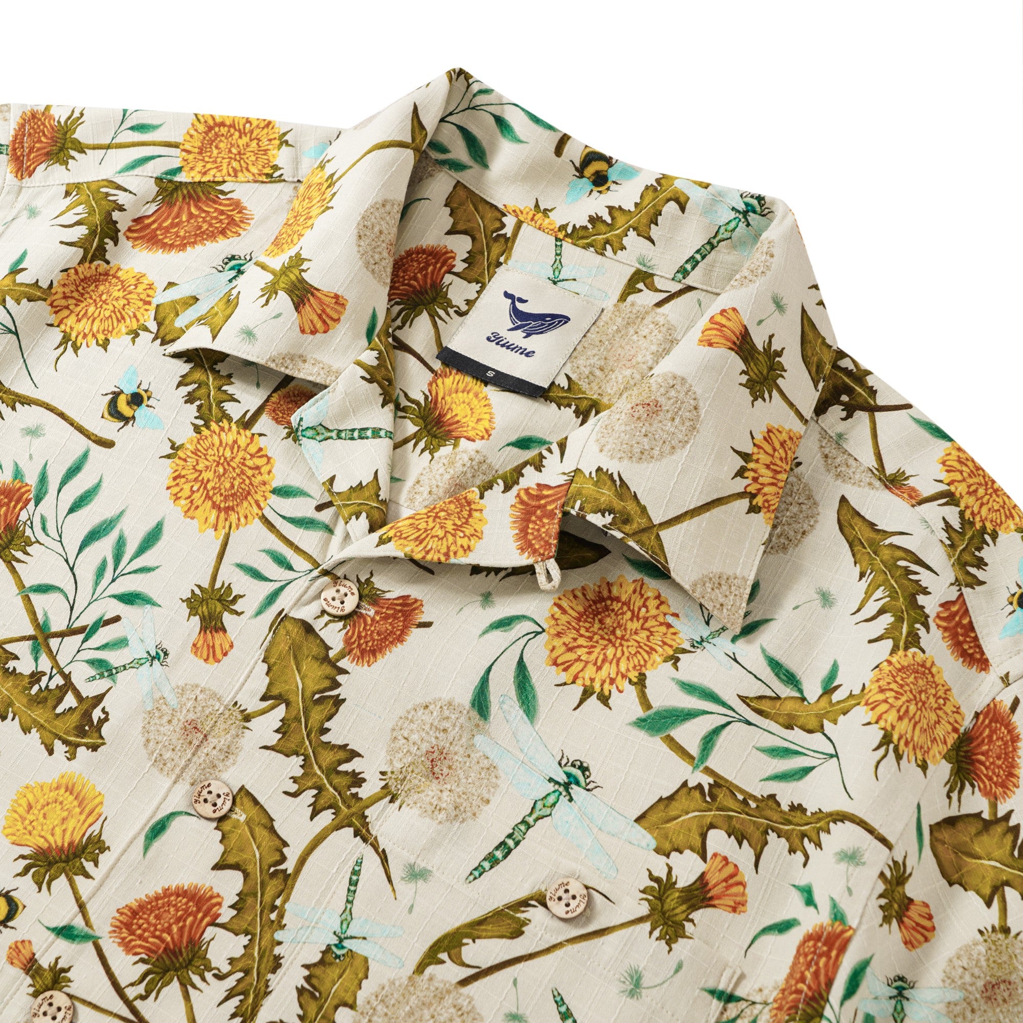 Men's Hawaiian Shirt Short Sleeve Camp Collar 100% Silk Yellow Aloha Dandelions And Dragonflies By Silver Steer Design