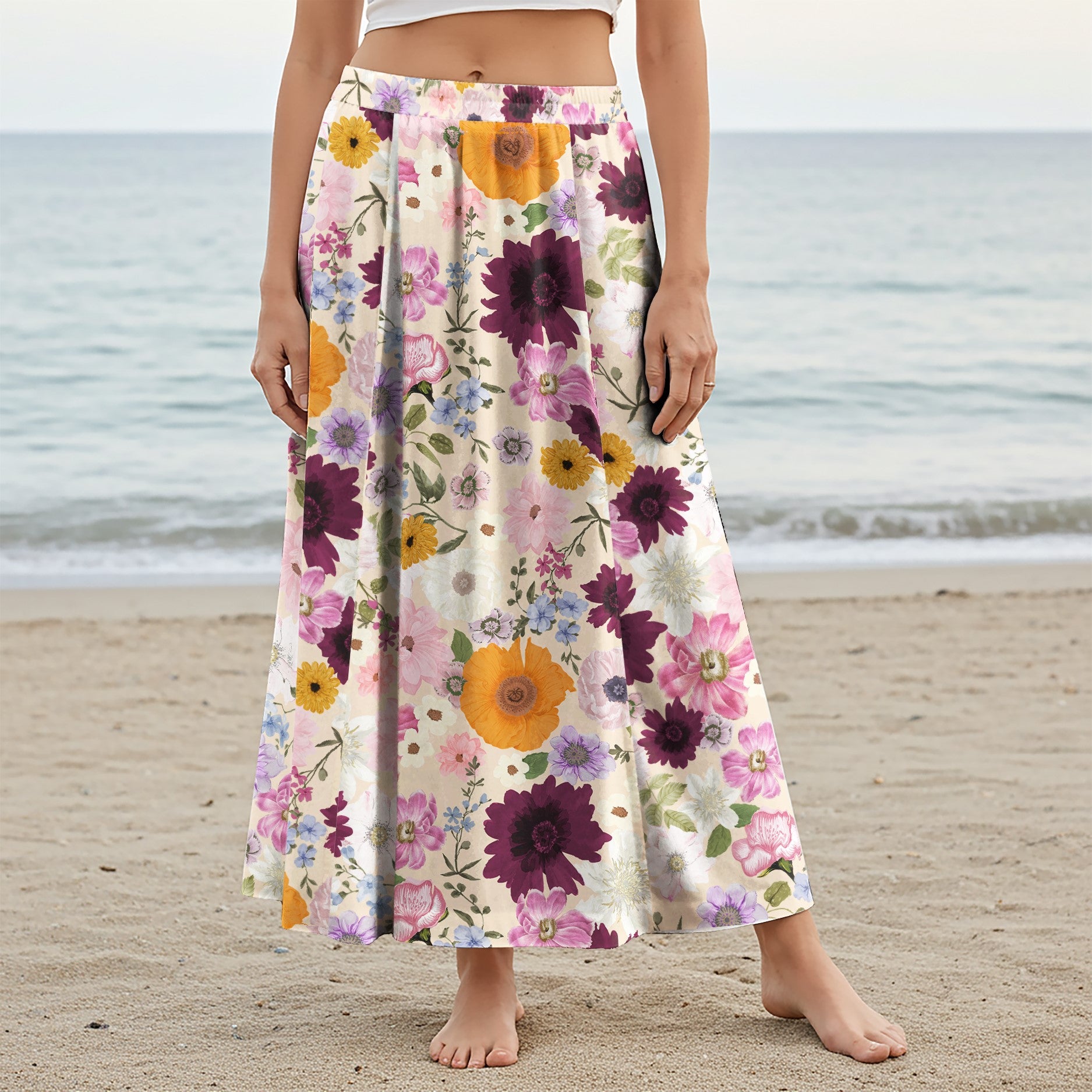 Women Casual Maxi Skirt Long Elastic Waist with Pockets 100% Cotton Purple Aloha Powdery Purple Allure