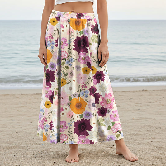 Women Casual Maxi Skirt Long Elastic Waist with Pockets 100% Cotton Purple Aloha Powdery Purple Allure