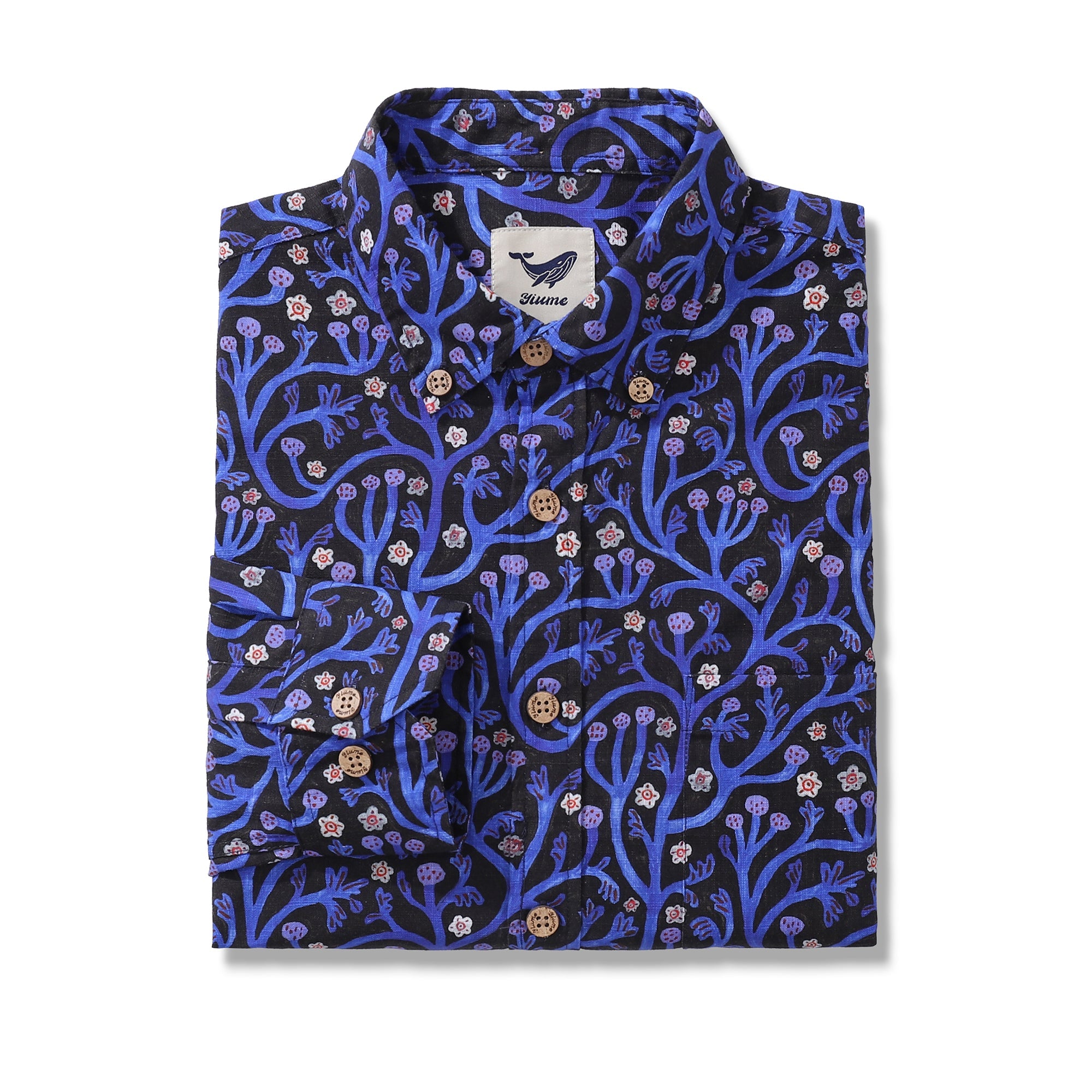 Chemise hawaïenne à manches longues pour hommes Jardin de minuit en coton, chemise Aloha à boutons.