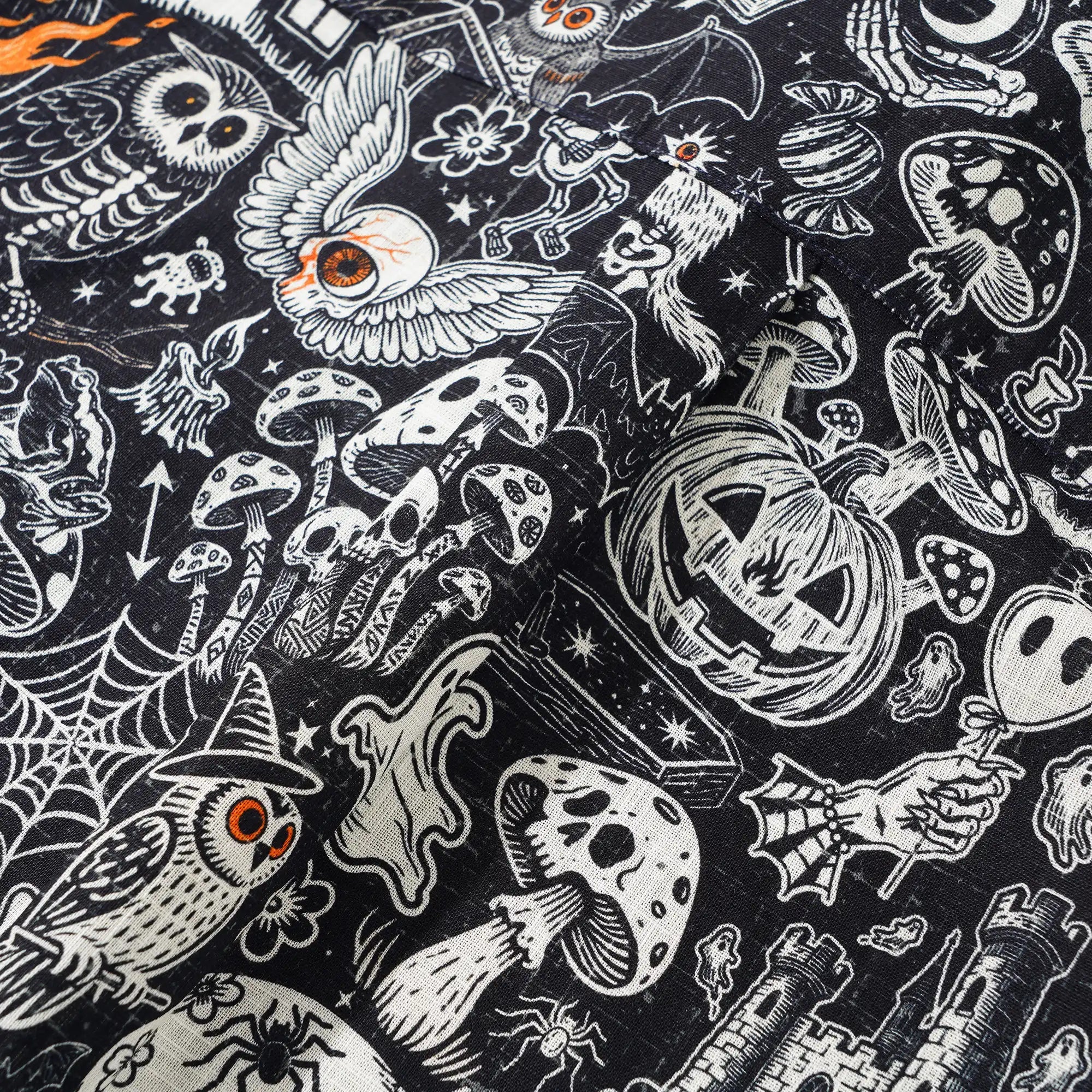 Men's Hawaiian Shirt Long Sleeve Button-down 100% Cotton Black Aloha Halloween Bash