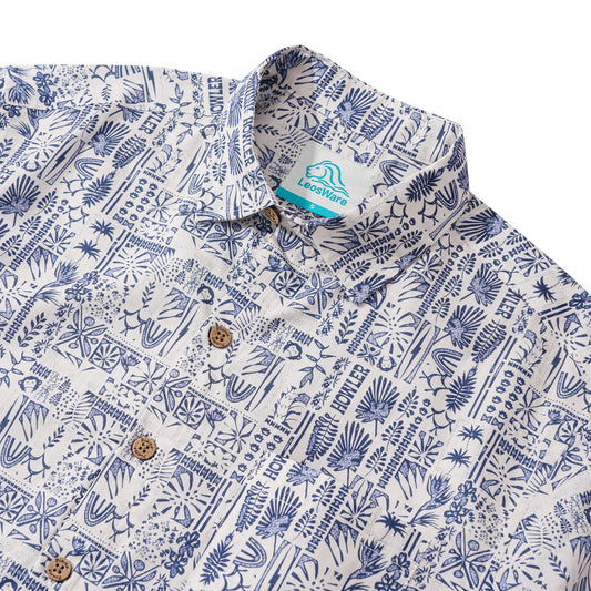 LeosWare® Men's Hawaiian Shirt Short Sleeve Button-up 100% Cotton Blue Aloha Fresh Art Collage Botanical Pattern Painting