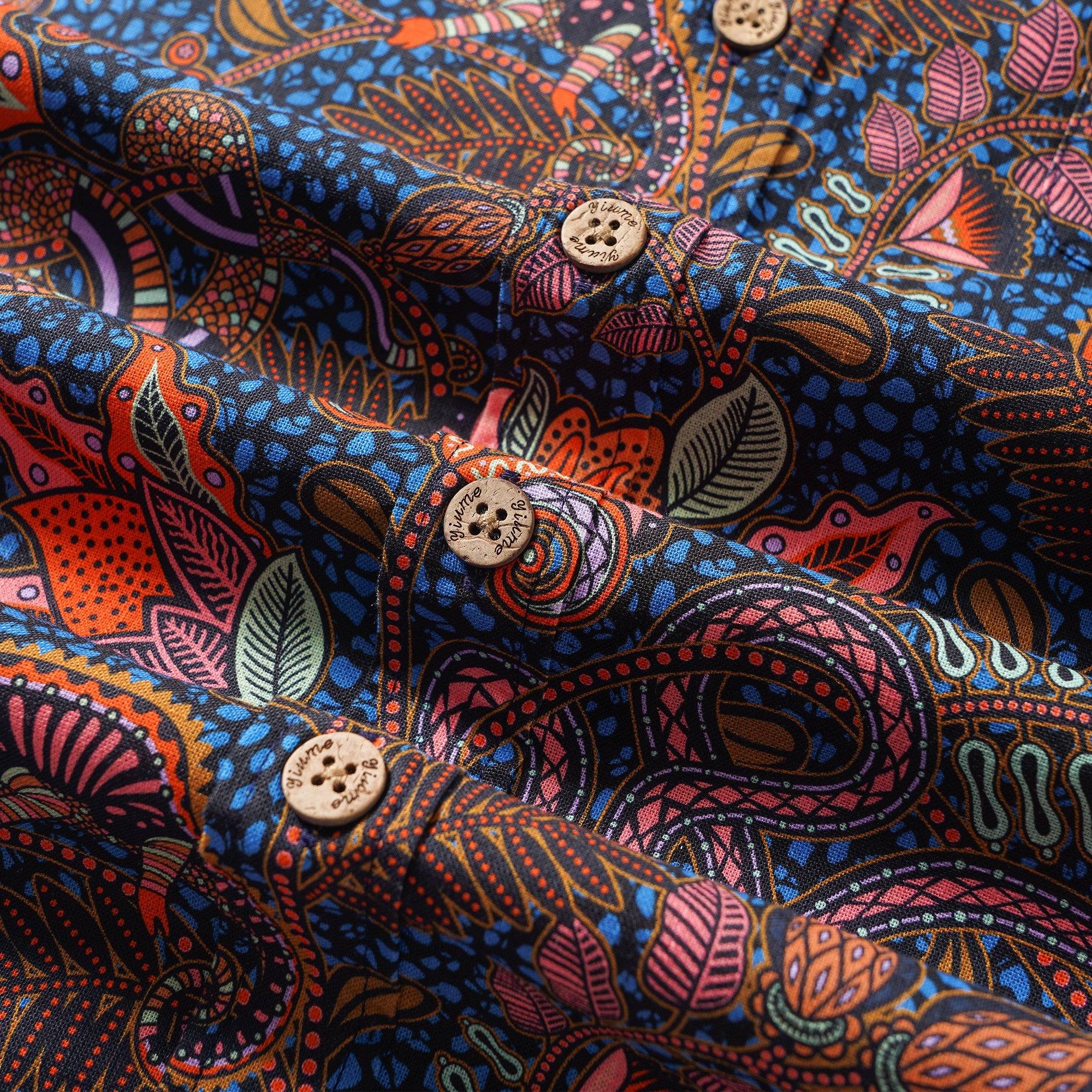 Men's Hawaiian Shirt Long Sleeve Button-down 100% Cotton Green Aloha Chameleon Ankara