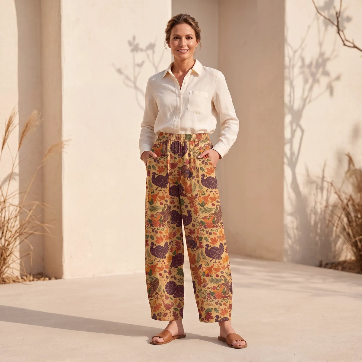 Thanksgiving women's yellow pants, leaf print, 100% cotton