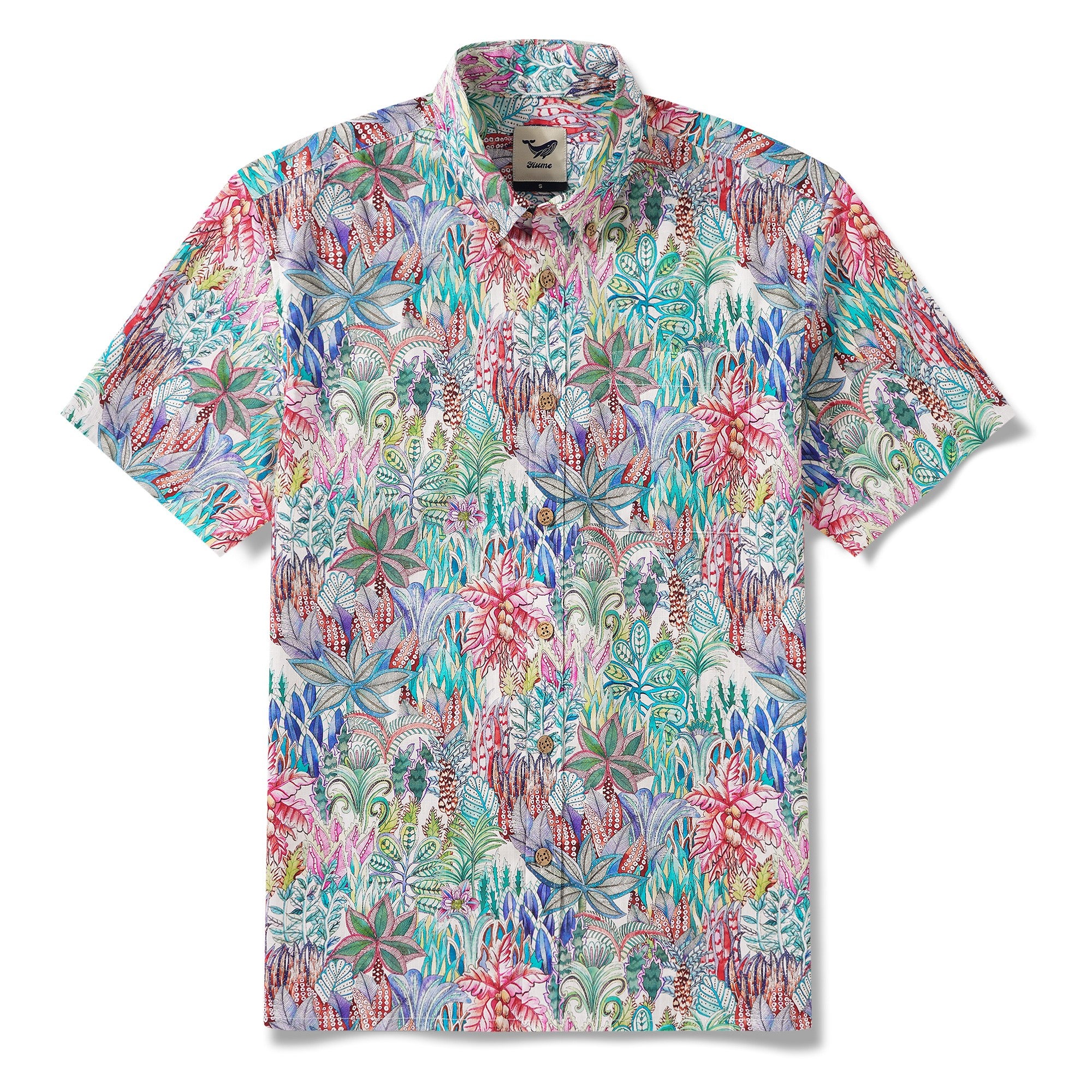 Men's Hawaiian Shirt Short Sleeve Button-down 100% Cotton Blue Aloha Floral Island Adventure